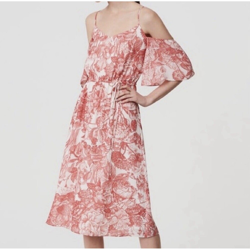 NWT Ann Taylor Loft Red White Floral Cold Shoulder Midi Dress Size MP NEW $89.50